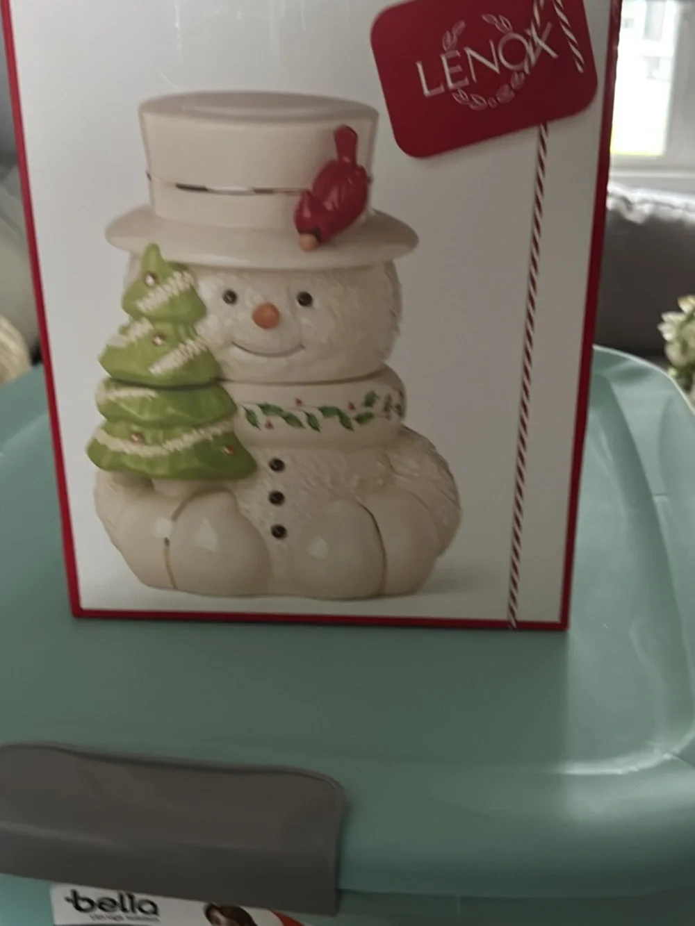 Lenox Cream Snowman Cookie Jar with Green Tree and Red Bird